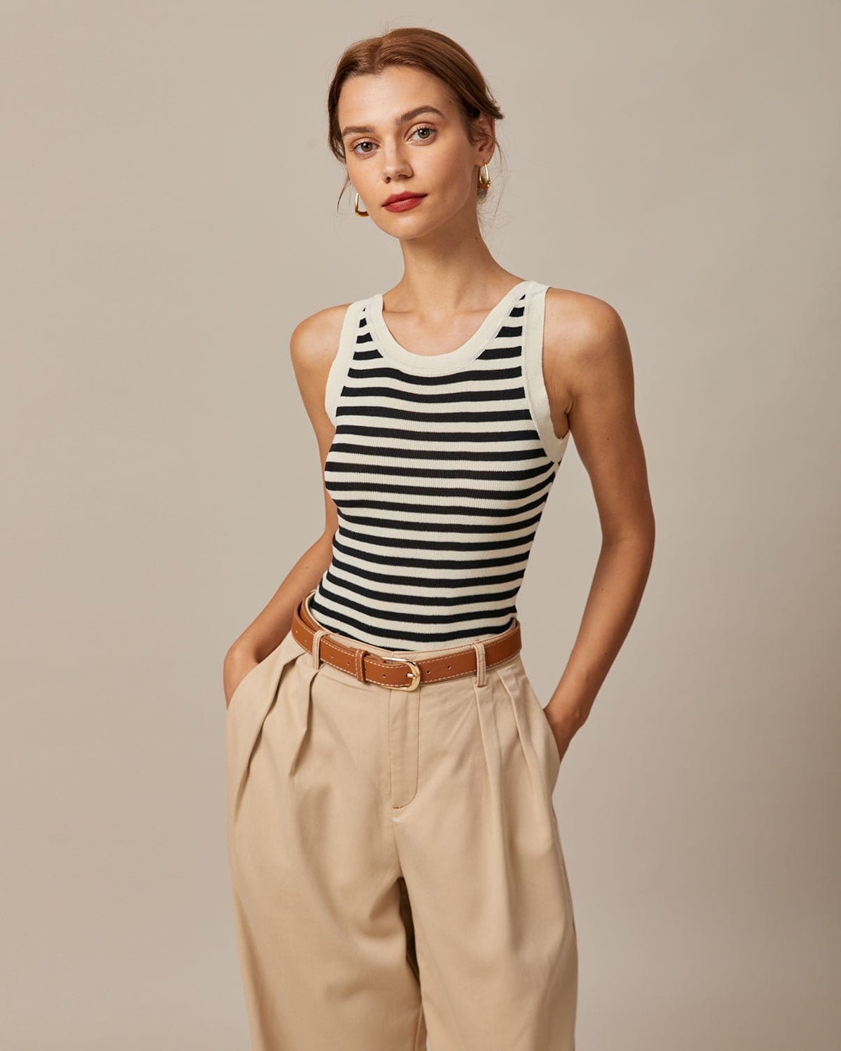 The Black Round Neck Striped Tank Top