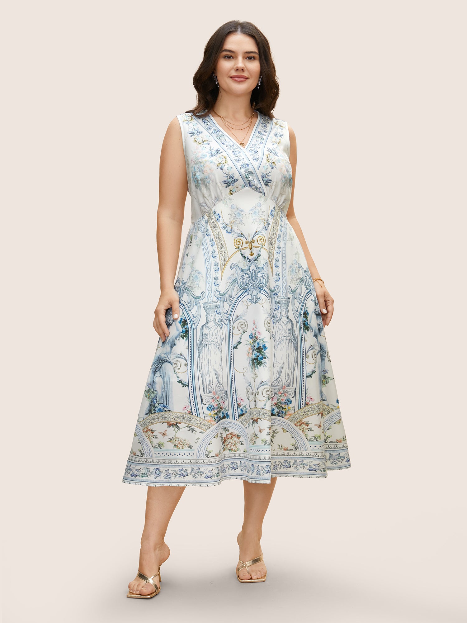 V Neck Boho Print Sleeveless Midi Dress