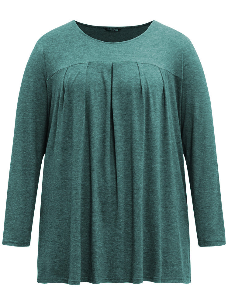 Solid Heather Round Neck Plicated Detail T-shirt