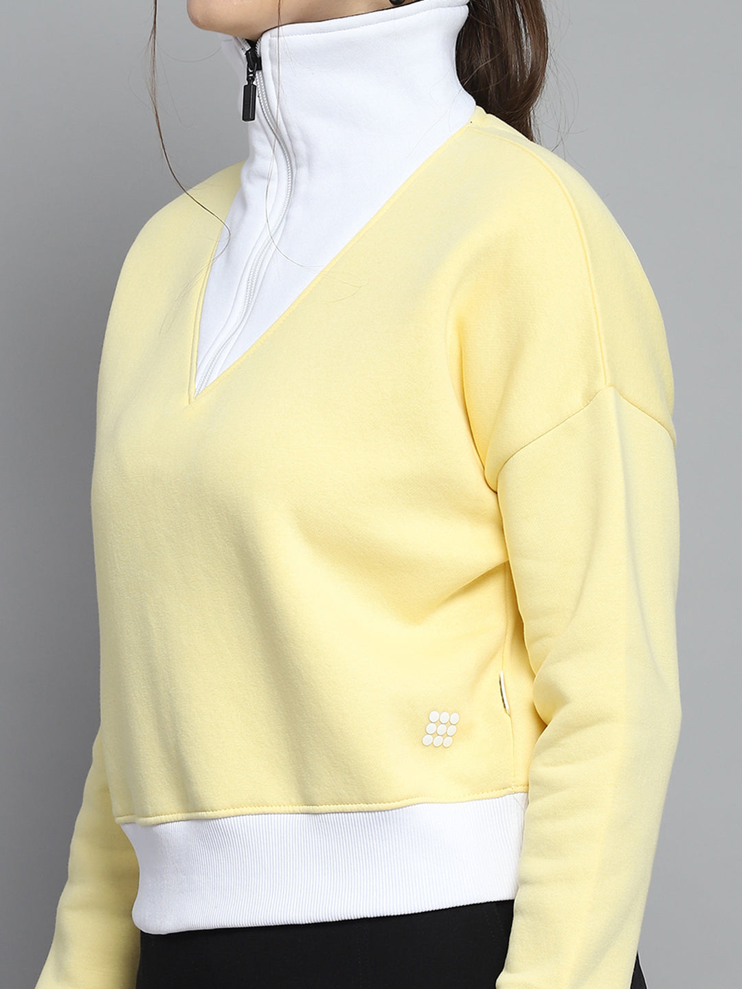 Women Yellow Solid Collar Full Sleeve Sweatshirt