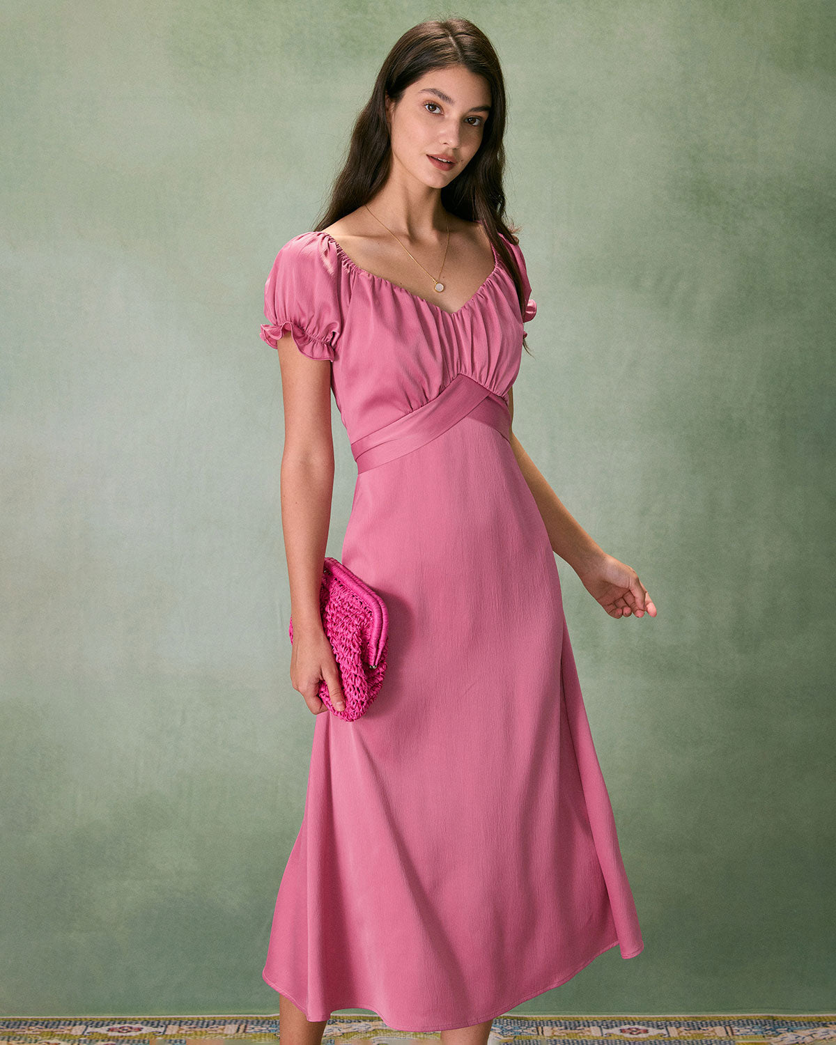 The Pink Sweetheart Neck Ruched Satin Midi Dress