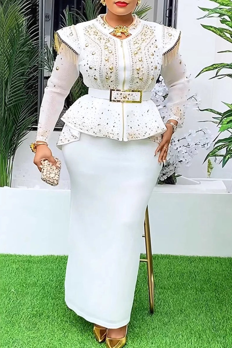 Elegant Solid Color Fringed Trim Patchwork With Belt Hot Drill O Neck Long Plus Size Two Pieces