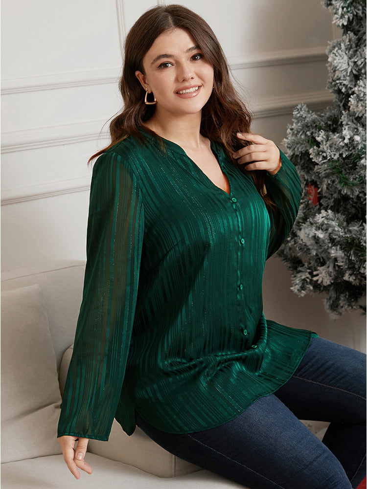 Glitter Striped V Neck Button Detail Blouse