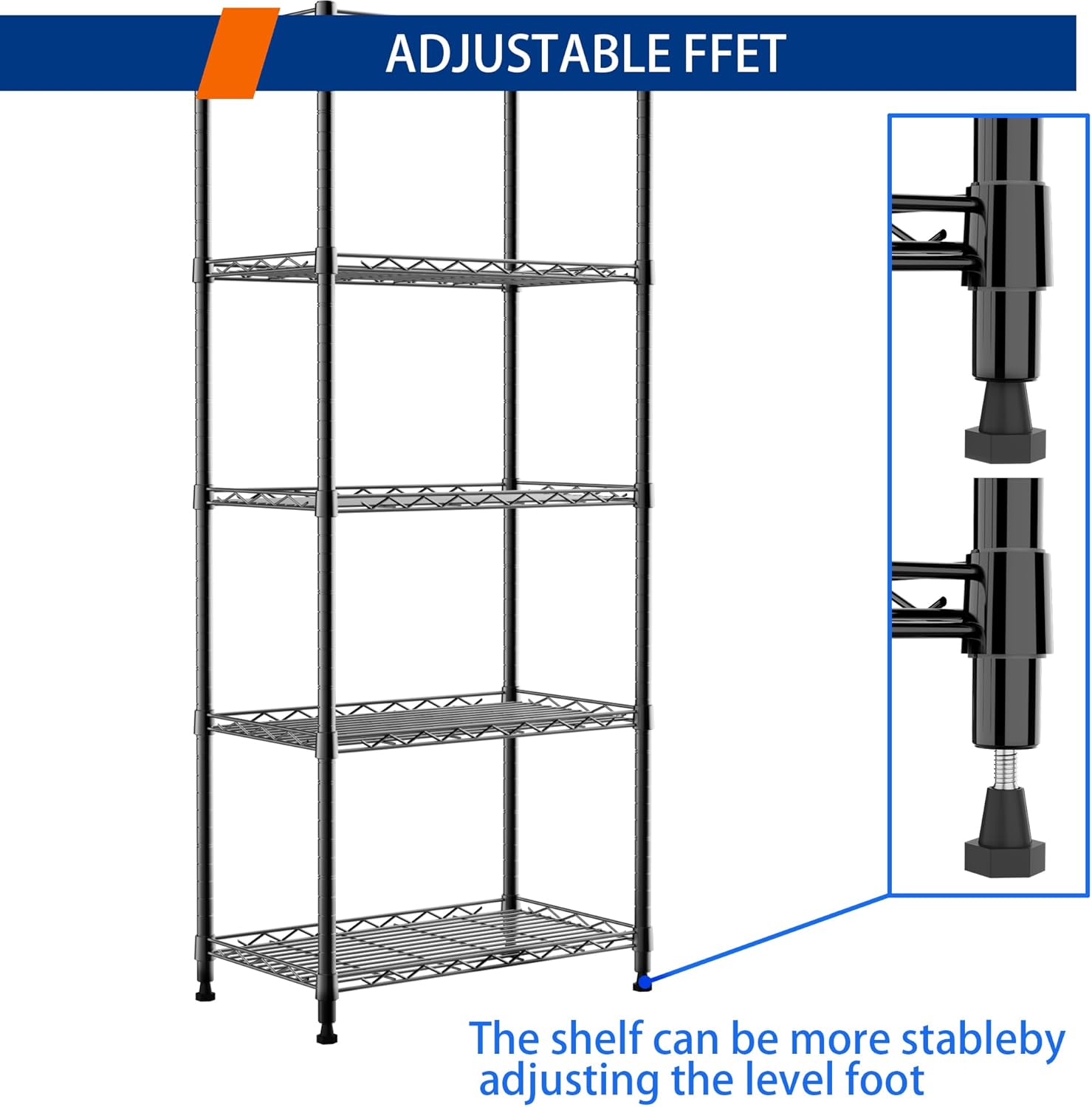 REGILLER 5-Wire Shelving Metal Storage Rack Adjustable Shelves,Standing Storage Shelf Units for Laundry Bathroom Kitchen Pantry Closet(Black,11.8