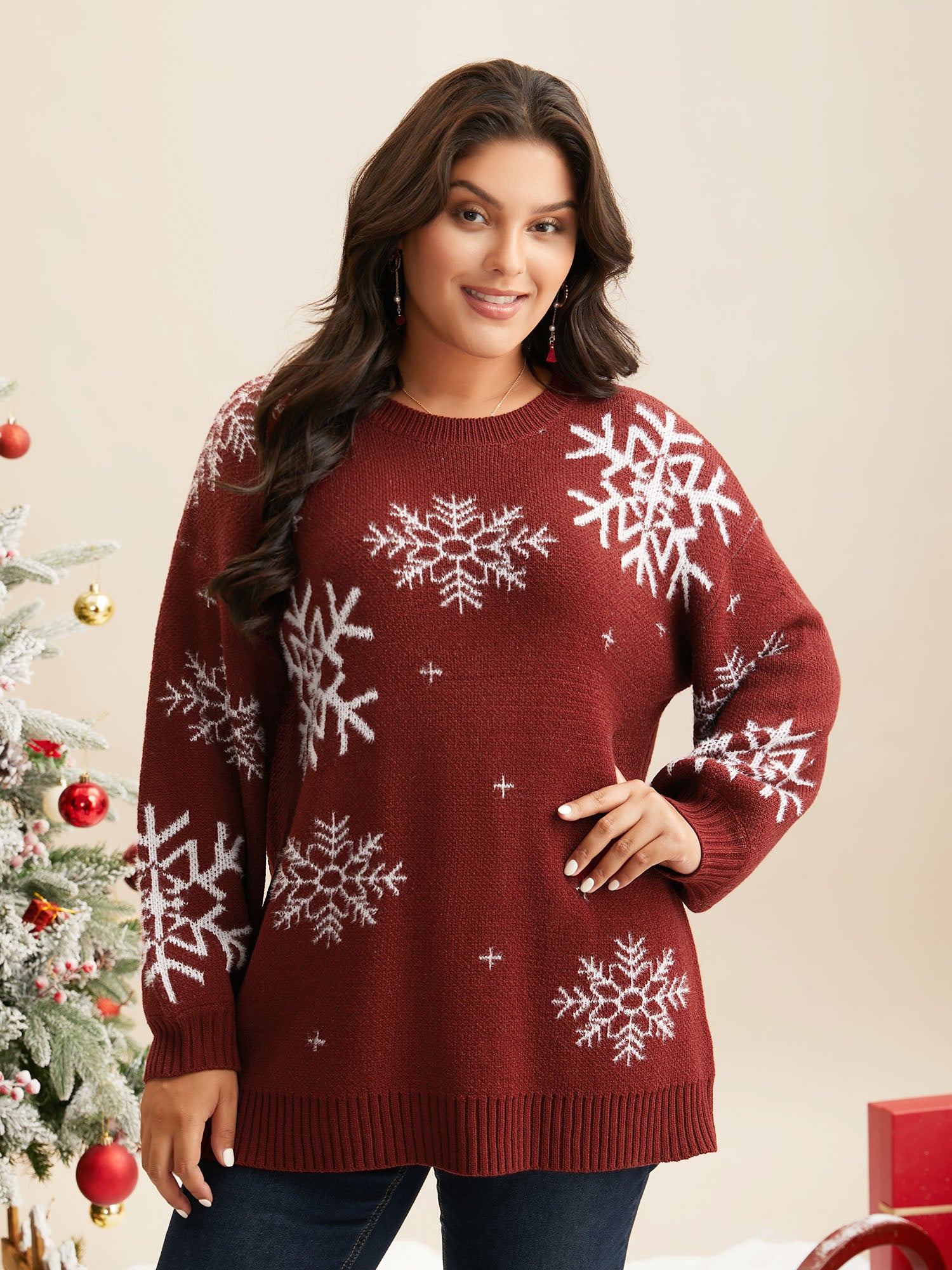 Snowflakes Pattern Drop Shoulders Pullover