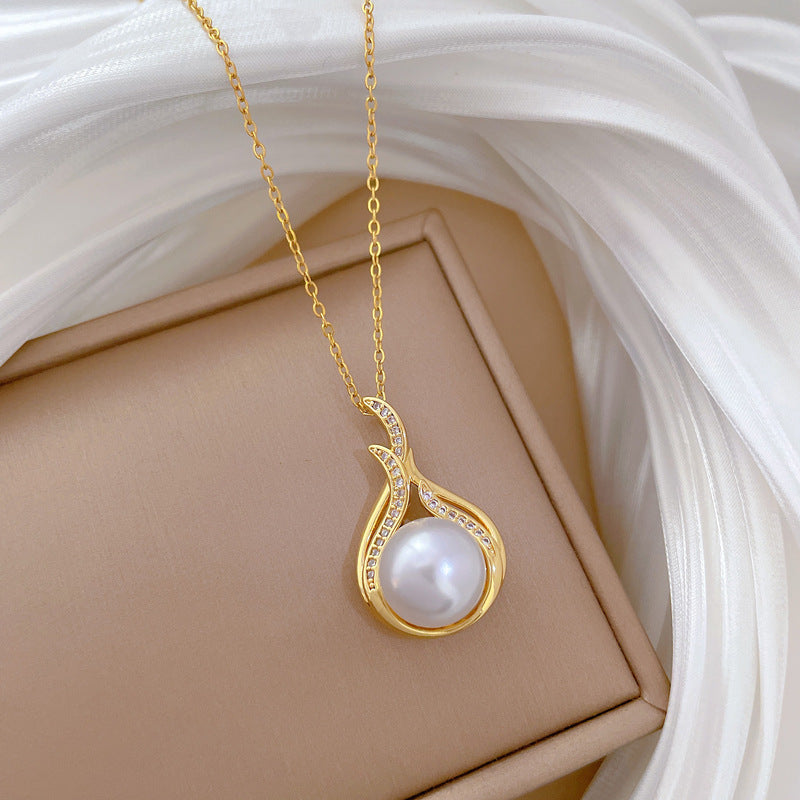 Fishtail Pearl Full Diamond Fashion Gorgeous Full Diamond Necklace Female Versatile Clavicle Chain Titanium Steel