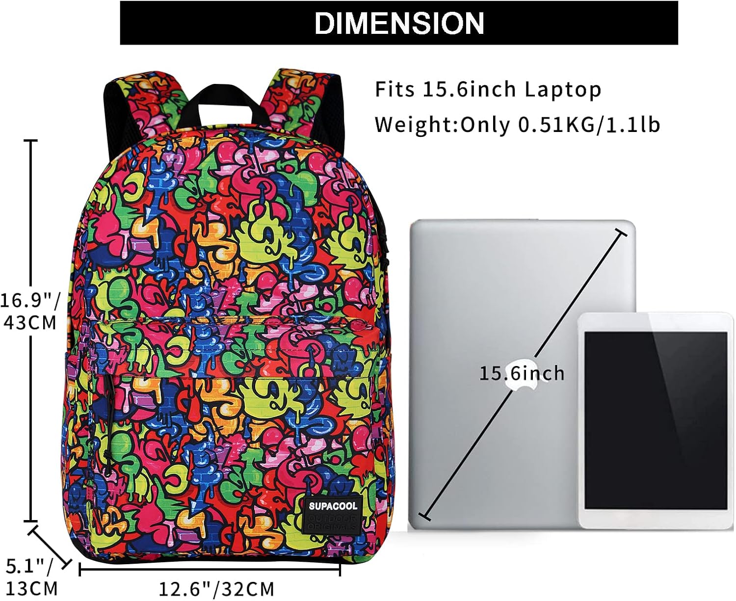 SUPACOOL Casual Laptop Backpack for Men and Women, School Backpack for Boys and Girls, College Bookbag, USB Charging Port, Lightweight Back Pack(Black)