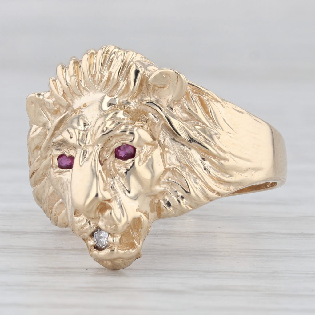 Ruby Diamond Lion Ring 10k Yellow Gold Size 10 Men's