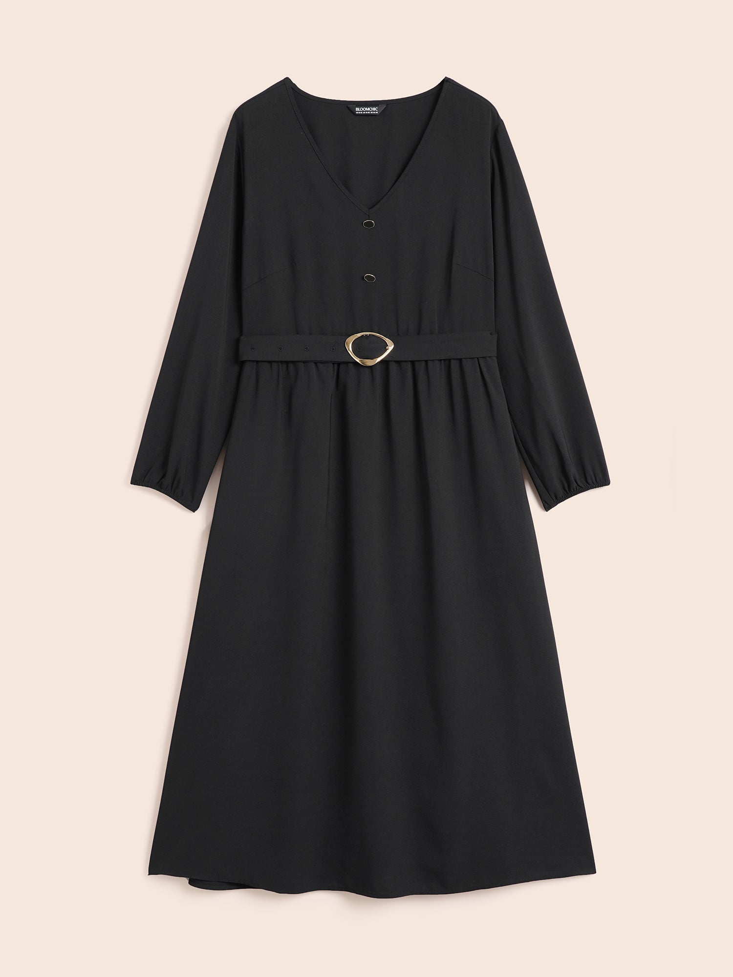 V Neck Button Detail Belted Dress