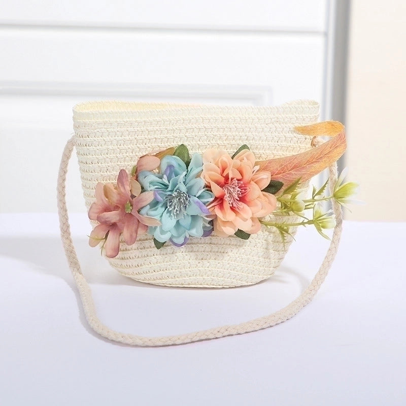 Women's Mini Straw Flower Bow Knot Fashion Bucket Zipper Shoulder Bag Handbag Crossbody Bag