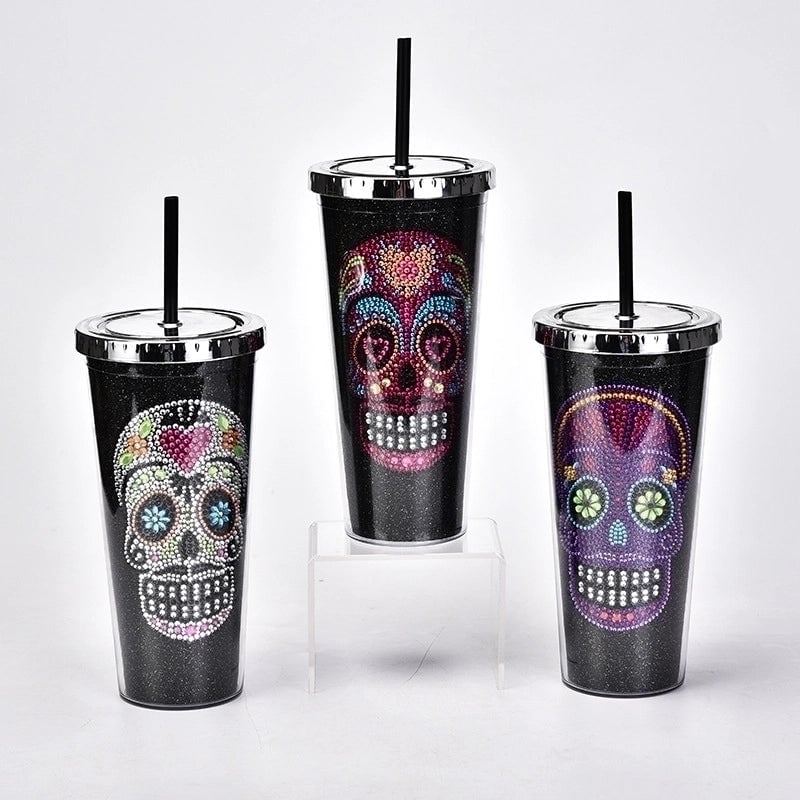 New Double-layer Plastic Straw Cup Creative Halloween Skull Head Large Capacity Drink Cup