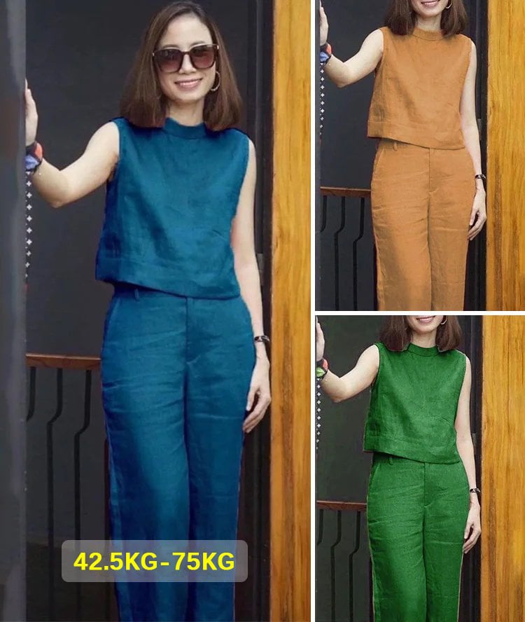 Female Solid Color Sleeveless Casual Cotton Linen Suit