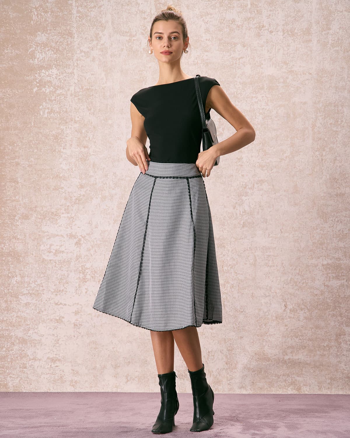 The Black High Waisted Plaid Lace Midi Skirt