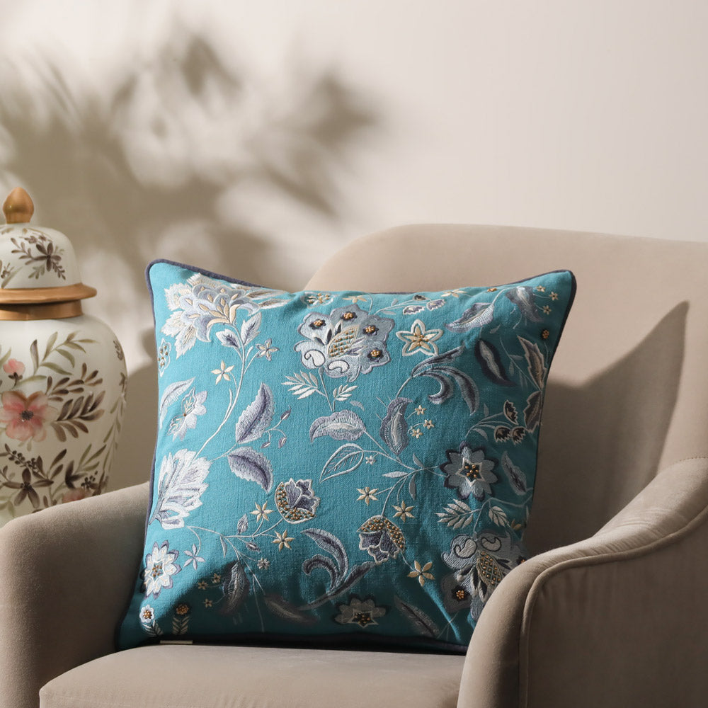 Sierra Beaded Embroidered Cushion Cover - Azure