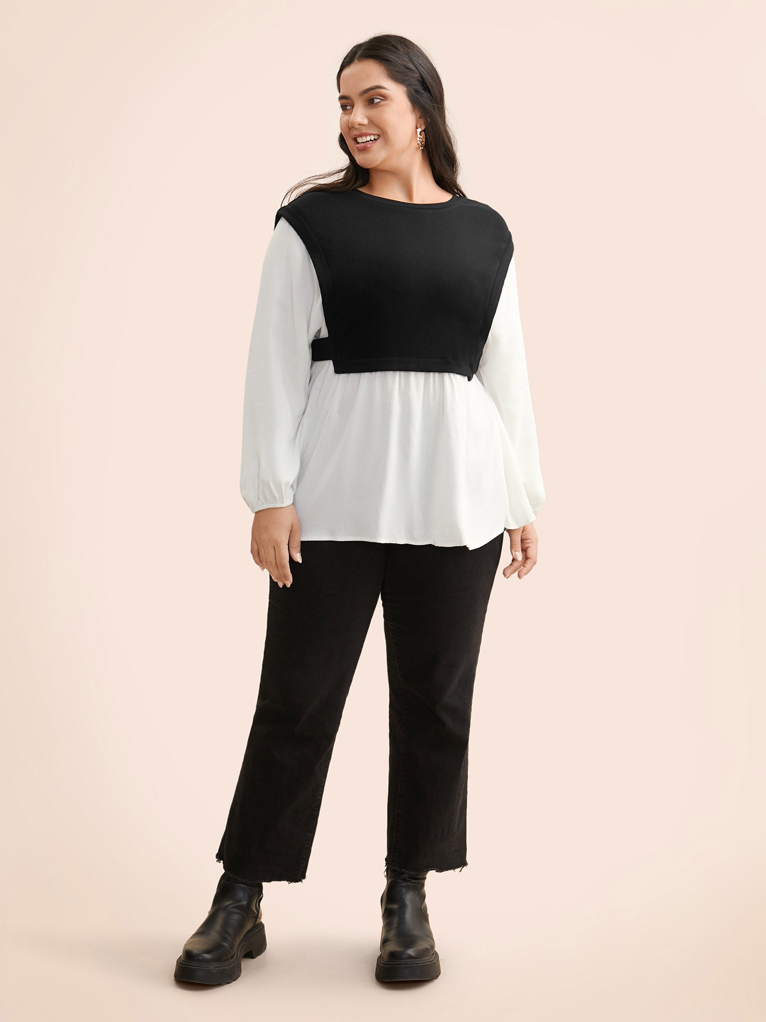 Round Neck Patchwork Contrast Gathered Blouse