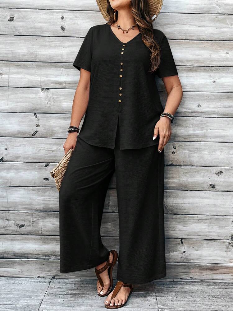 Plus Size V-Neck Short-Sleeved Top And Wide-Leg Pants Two-Piece Set