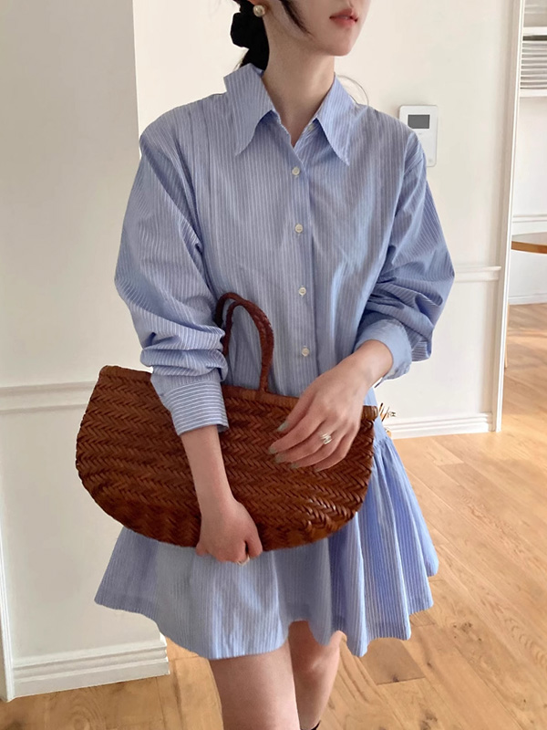 A-Line Long Sleeves Buttoned Pleated Striped Lapel Mini Dresses Shirt Dress