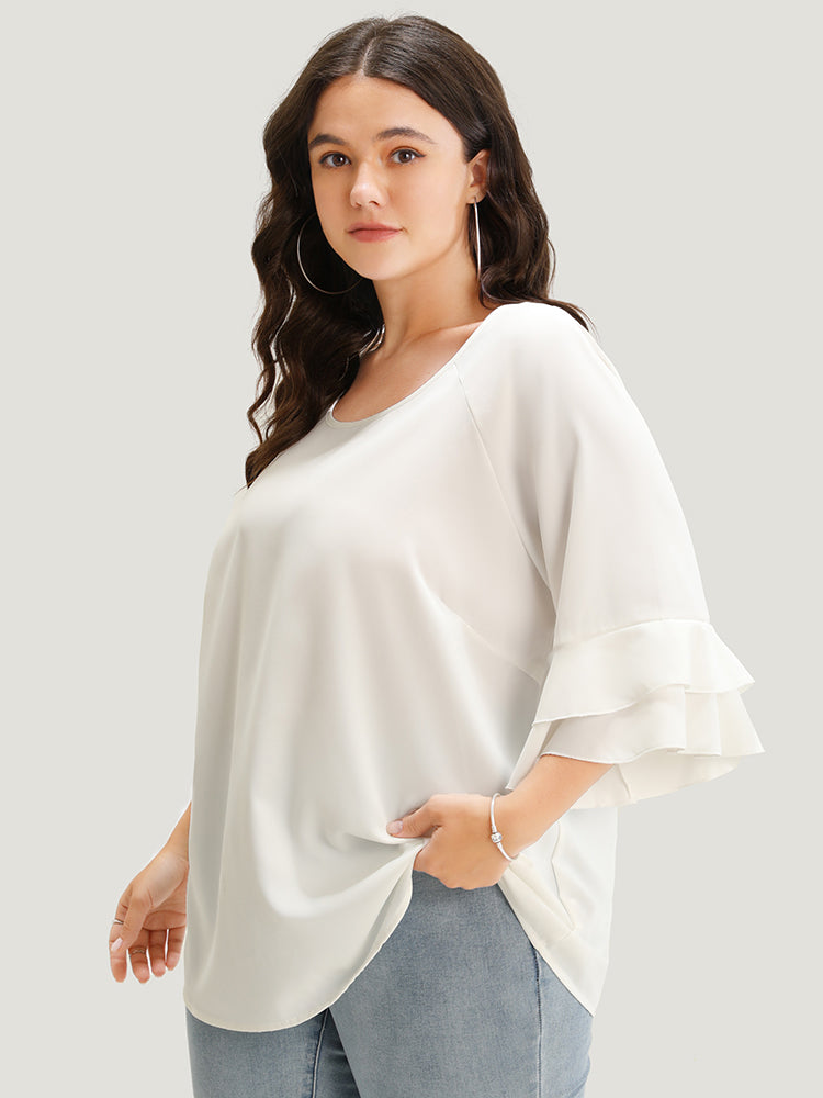 Plain Ruffle Tiered Round Neck Blouse