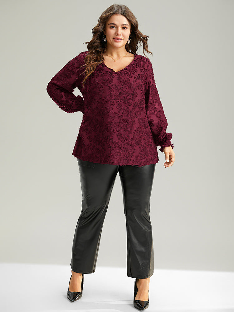 Plain Appliques Mesh V Neck Shirred Blouse