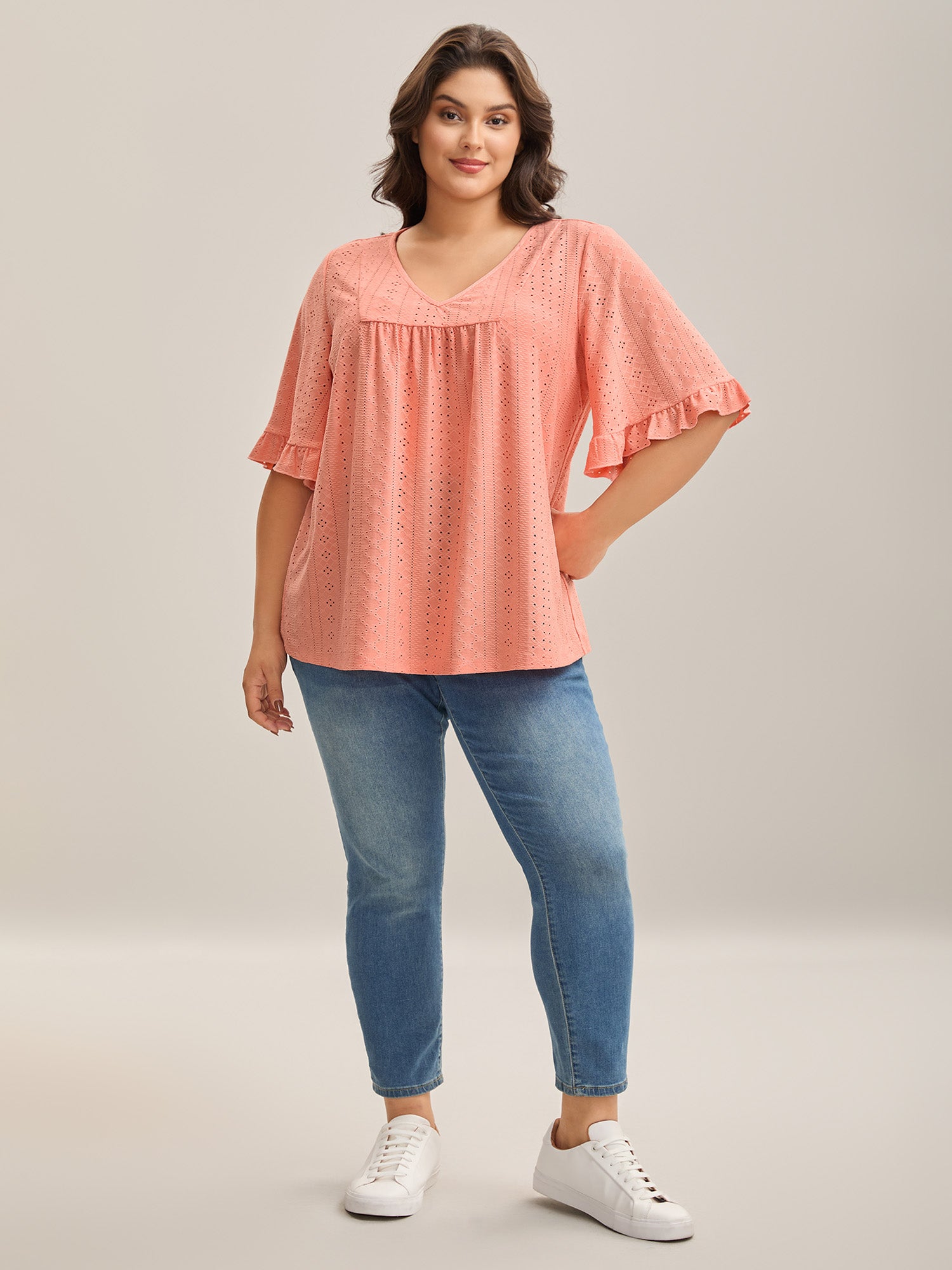 Eyelet Trim Ruffled Sleeve Knit Top