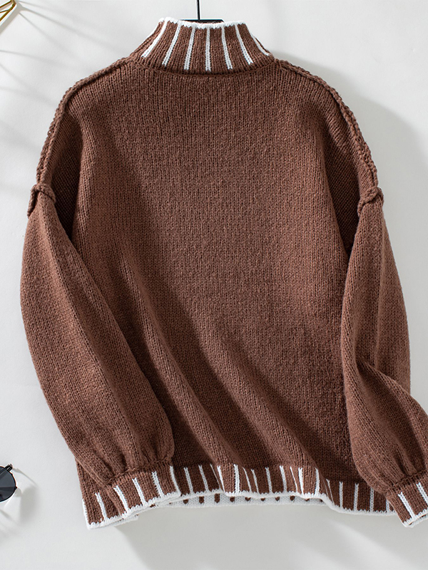 Long Sleeves Loose Contrast Color Split-Joint High Neck Pullovers Sweater Tops