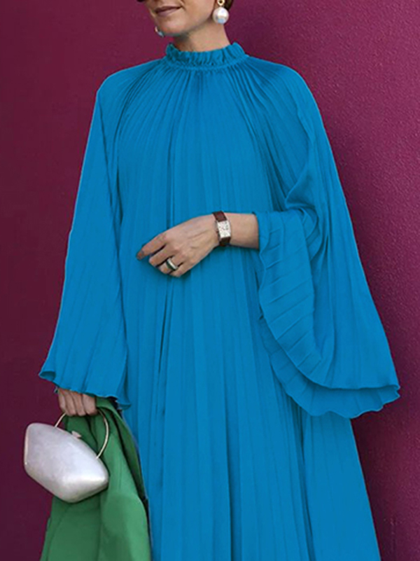 Flared Sleeves Loose Pleated Ruffled Solid Color Split-Joint High Neck Maxi Dresses