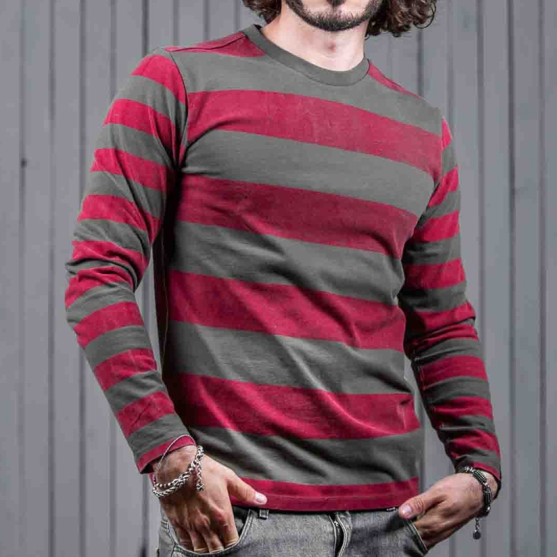 Motorcycle Contrast Striped Cotton Long-Sleeved T-Shirt