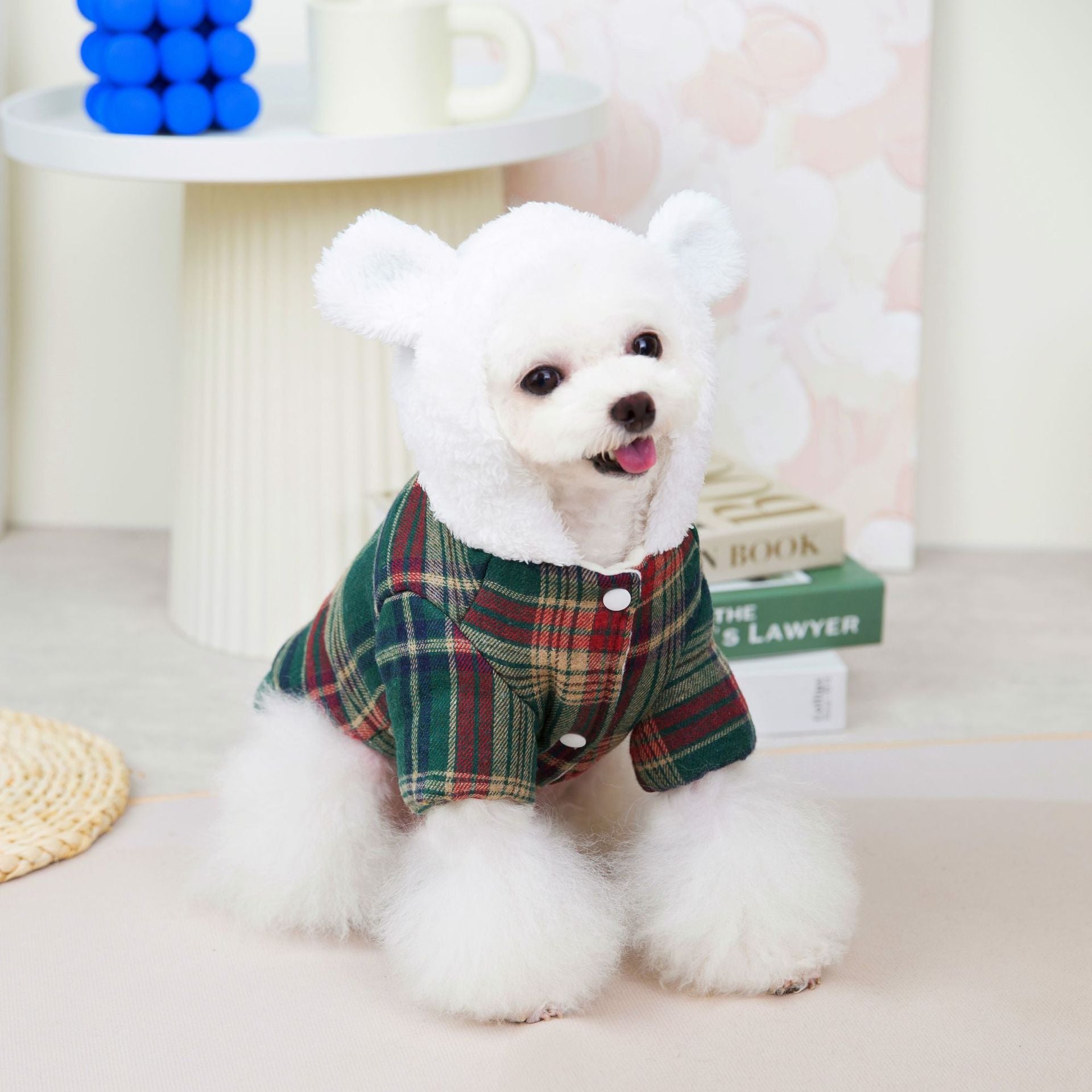 Plaid Pattern Ear Hooded Dog Cat Harness Jacket