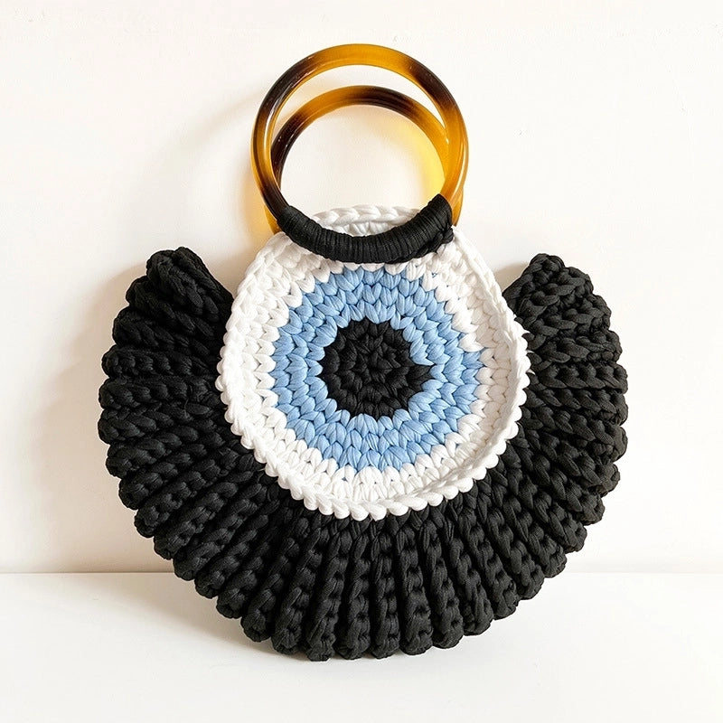 Women's Medium Polyester Devil's Eye Vintage Style Shell Lock Clasp Handbag Dome Bag