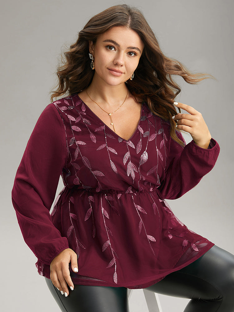 Leaves Embroidered Sequin Tiered Mesh Blouse