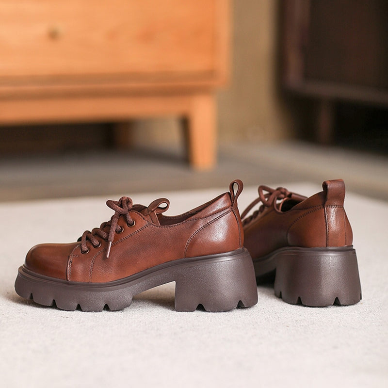 British Style 55mm Chunky Platform Oxford Shoes Cow Leather Lace-Up Loafers in Black/Brown