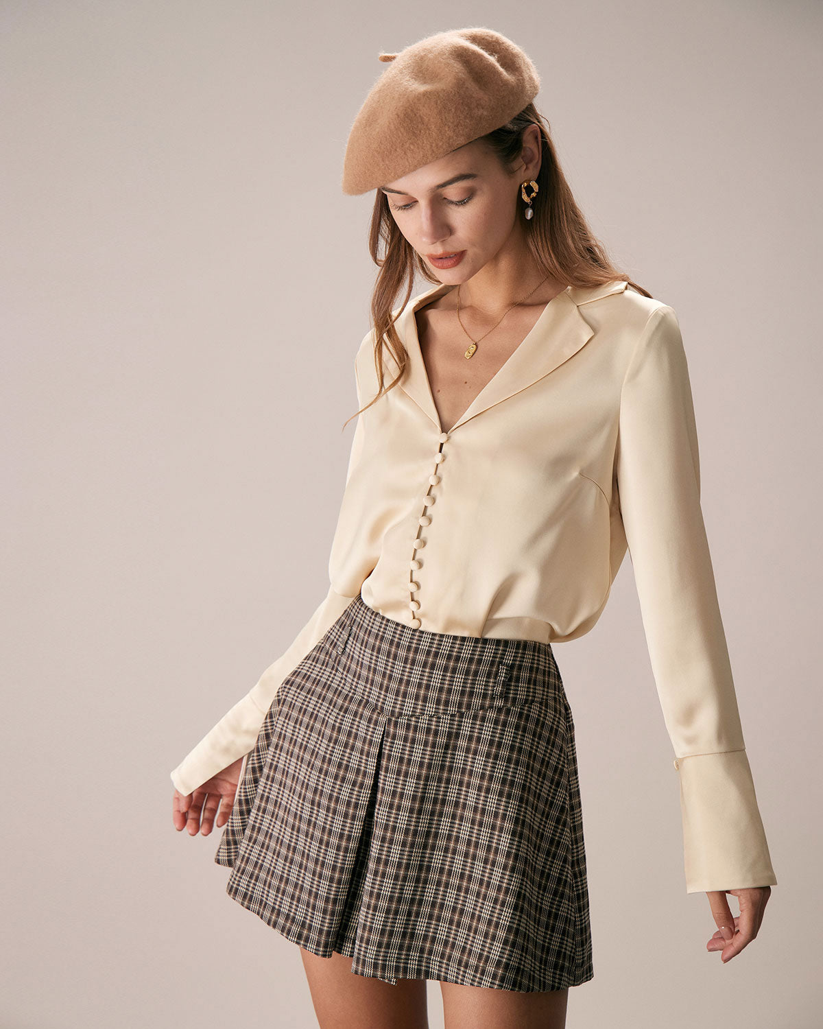 The Apricot Lapel Button Up Flare Sleeve Shirt