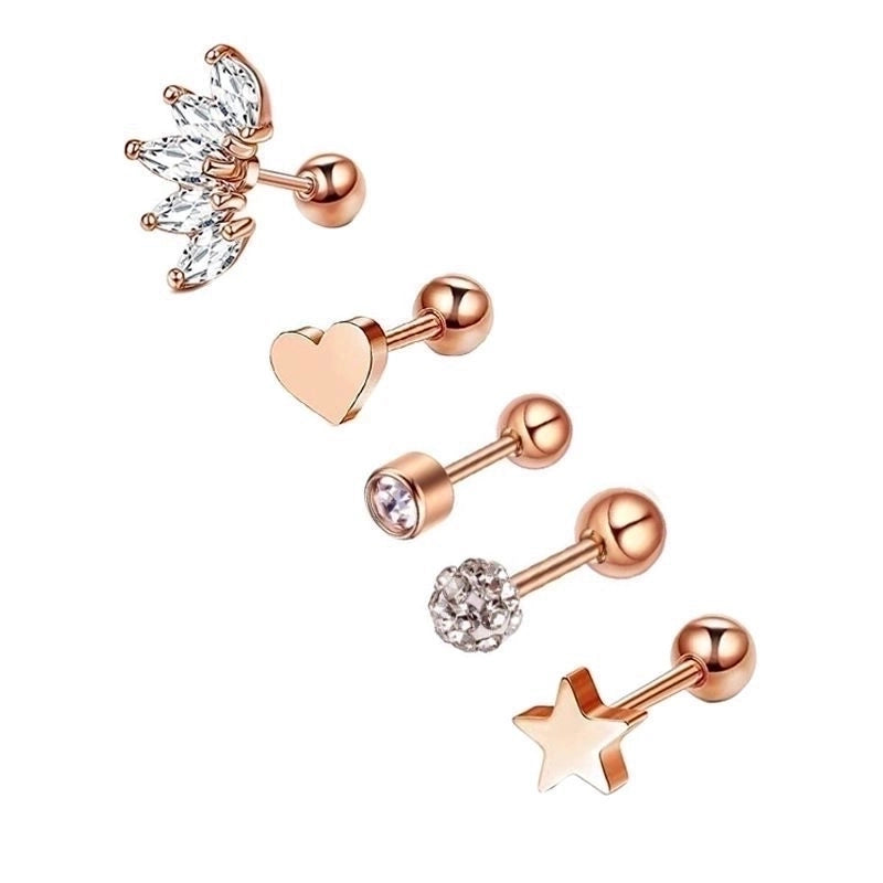 Minimalist Heart Shape Stainless Steel Plating Zircon Ear Studs 5 Piece Set