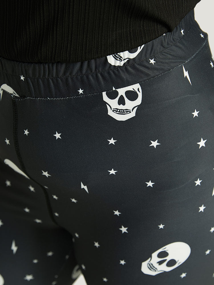 Halloween Skull & Star Print Elastic Waist Leggings