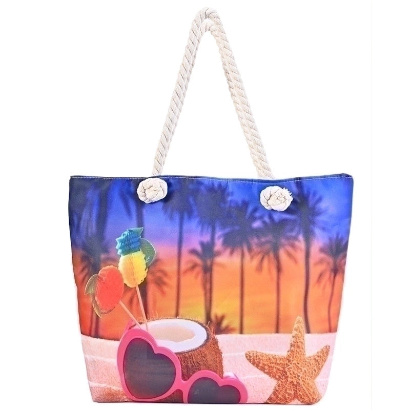Women's Large Canvas Color Block Vacation Beach Square Zipper Shoulder Bag Tote Bag