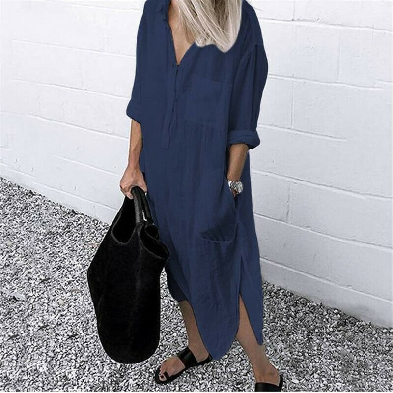 Solid Color Turn-down Collar Slit Long Shirt Dress