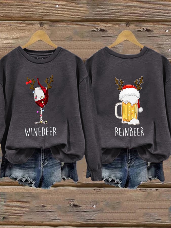 Retro Christmas Winedeer Reinbeer Print Sweatshirt