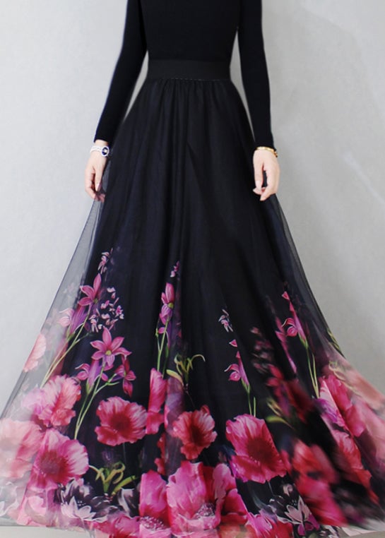 New Black Print High Waist Tulle Skirt Spring