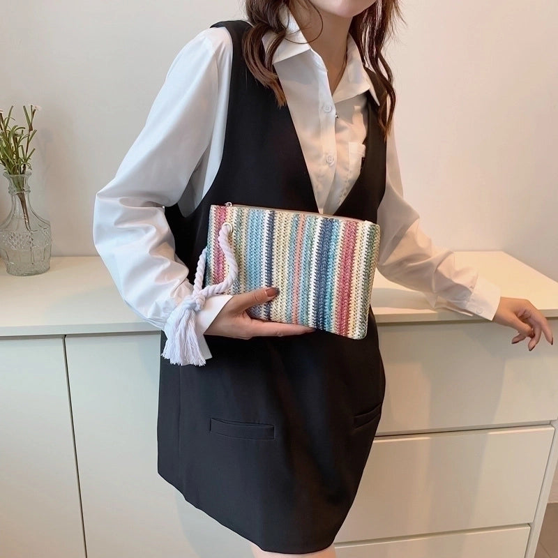 White Brown Green Straw Stripe Square Evening Bags