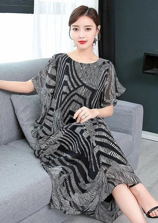 Simple o neck chiffon Wardrobes Women Sewing black print Kaftan Dress