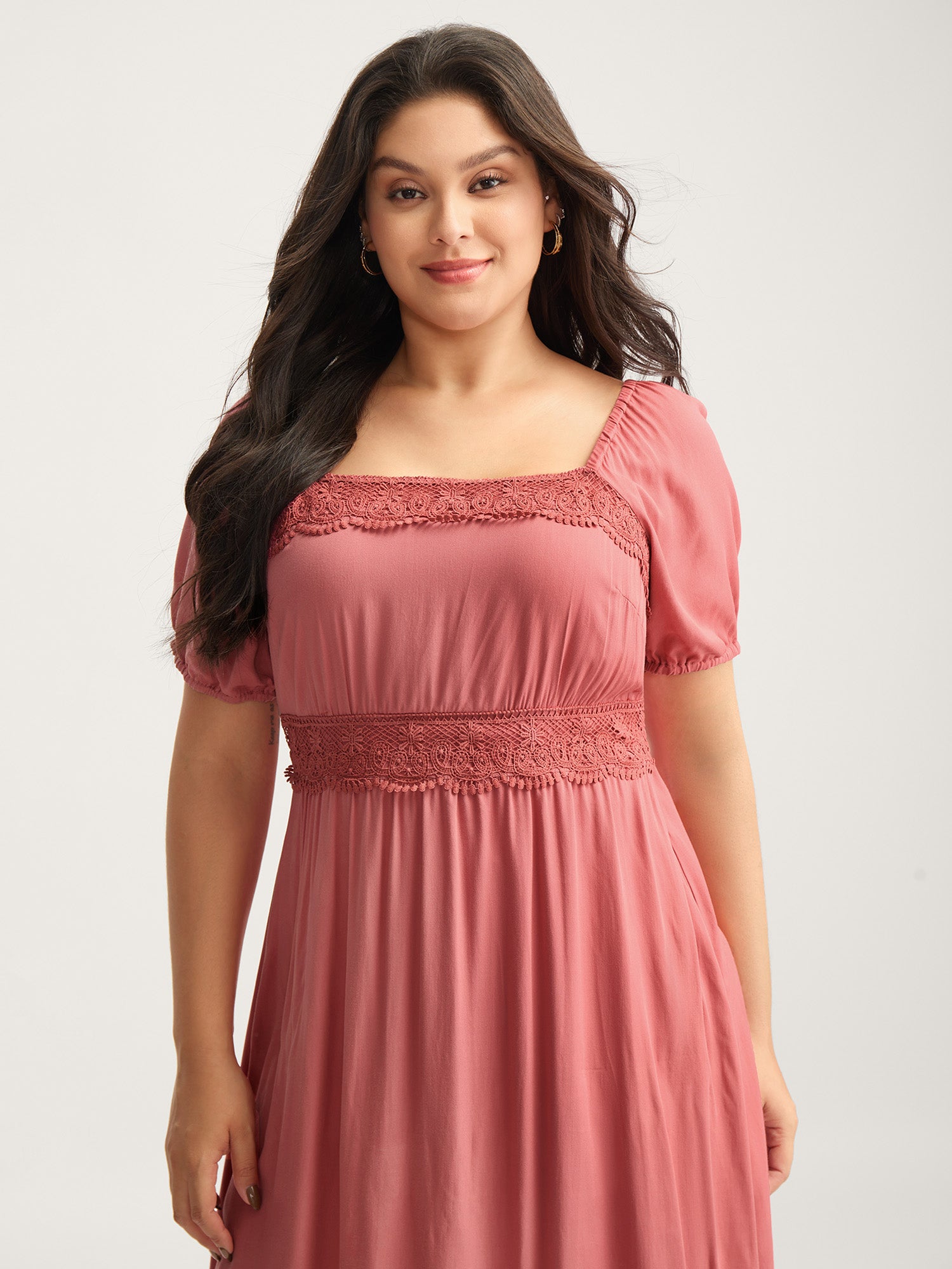 Lace Trim Stretchy Waist Pockets Midi Dress