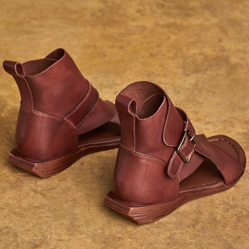 Handmade Leather Peep Toe Roman Flat Sandals Gladiator Boots with Buckle in Black/Coffee