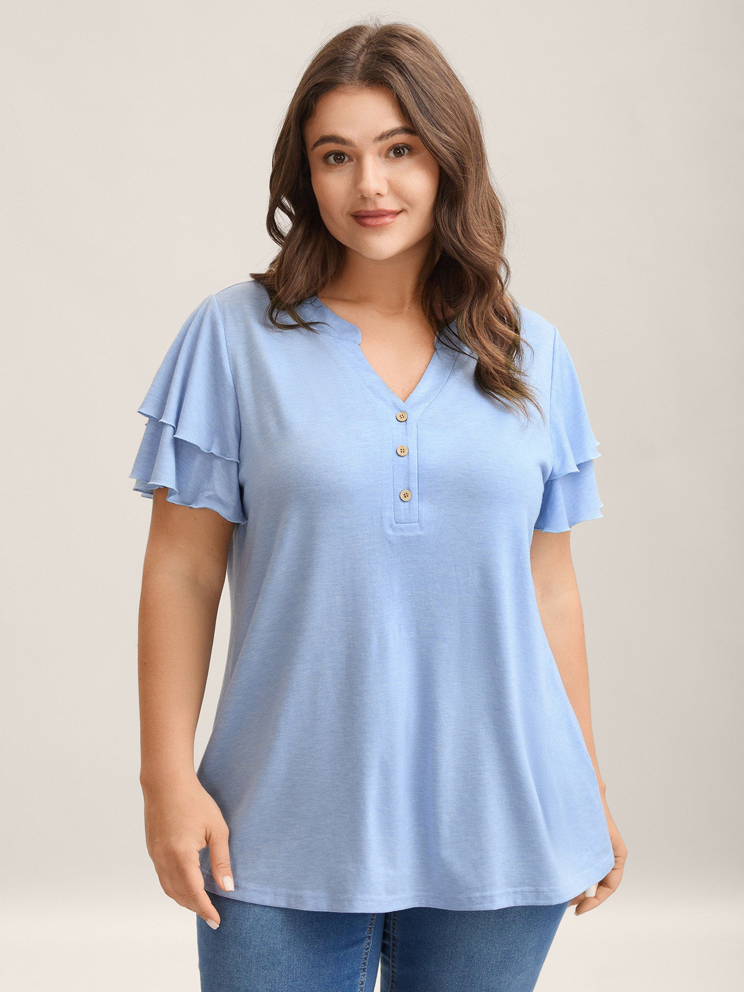 Layered Lotus Leaf Sleeve Plain T-Shirt