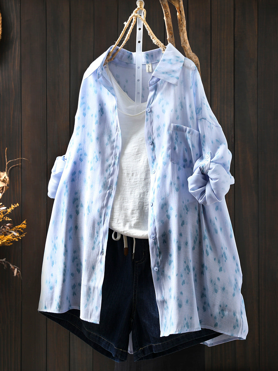 Women Summer Artsy Print Turn-down Collar Thin Shirt