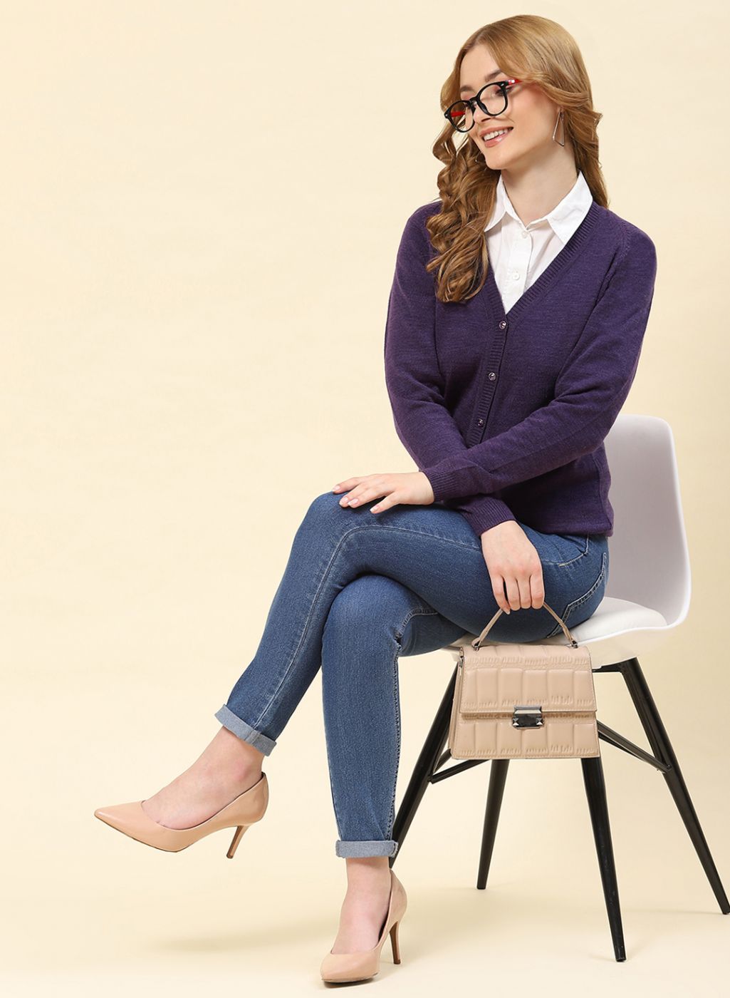 Women Purple Solid Blend wool Cardigan