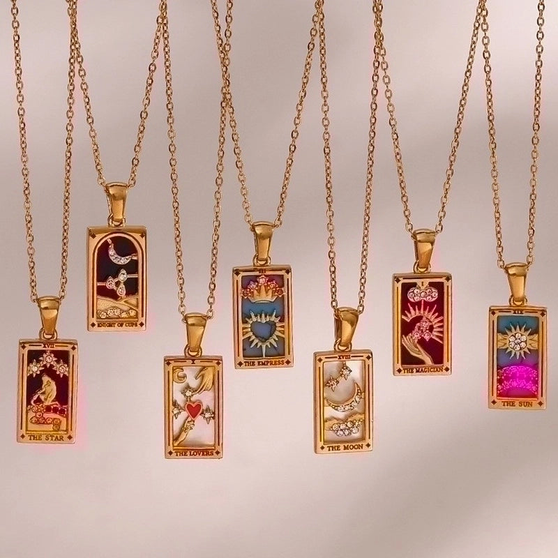 Vintage Style Star Rectangle Stainless Steel Plating Inlay Rhinestones Zircon 18k Gold Plated Pendant Necklace