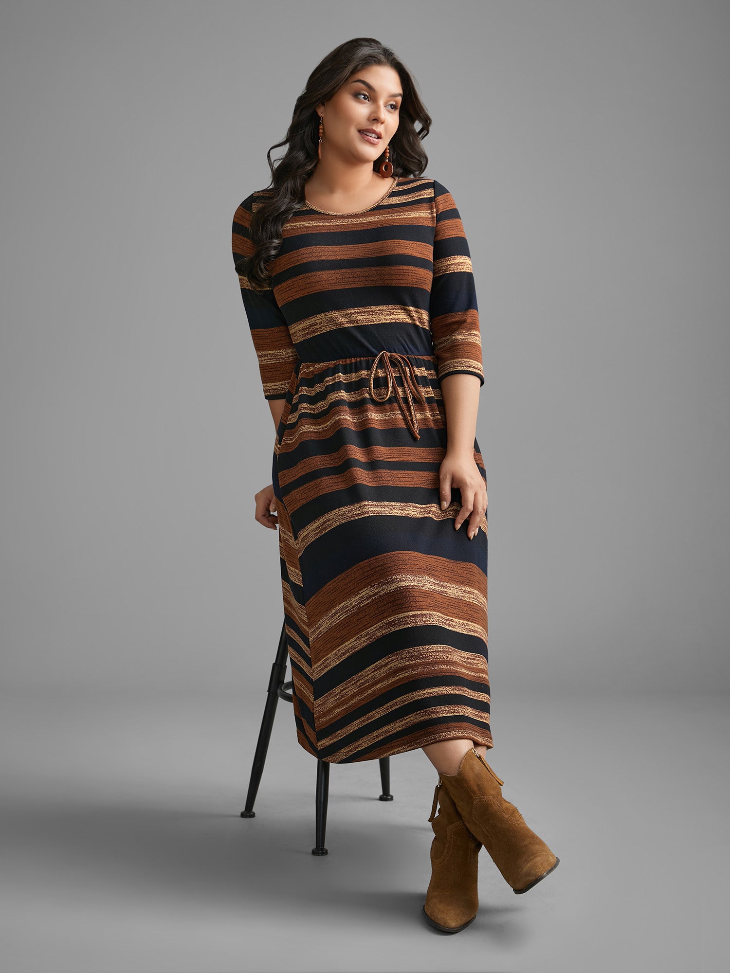 Striped Elastic Waist Tie Knot Dress