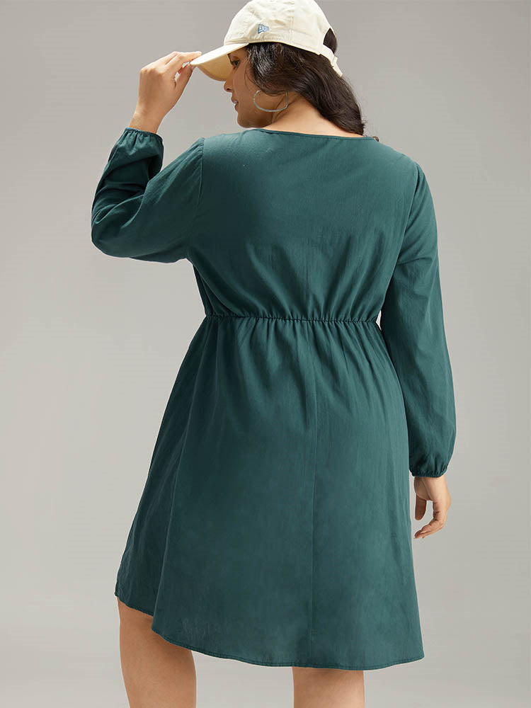 Cotton Solid Lace Up Elastic Waist Dress