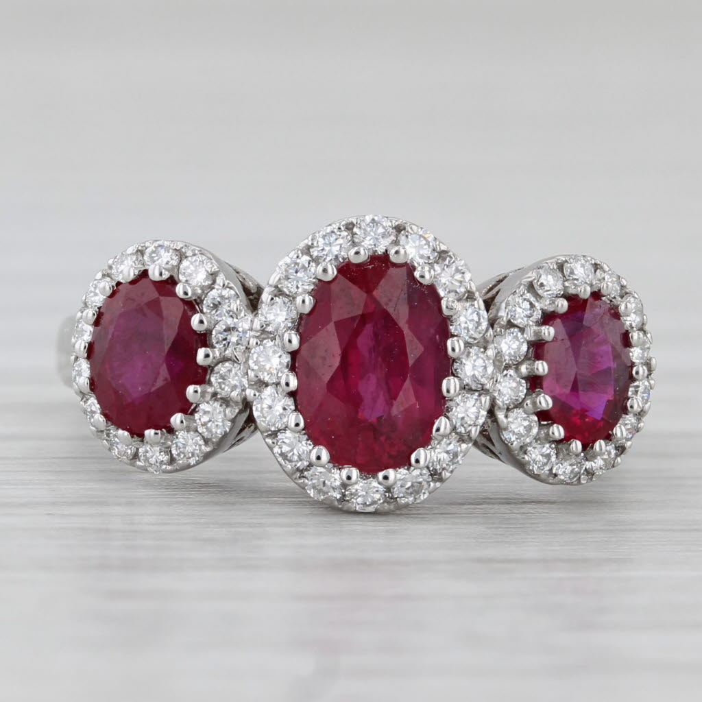 2.22ctw Ruby 3-Stone Diamond Halo Ring 14k White Gold Size 5.75