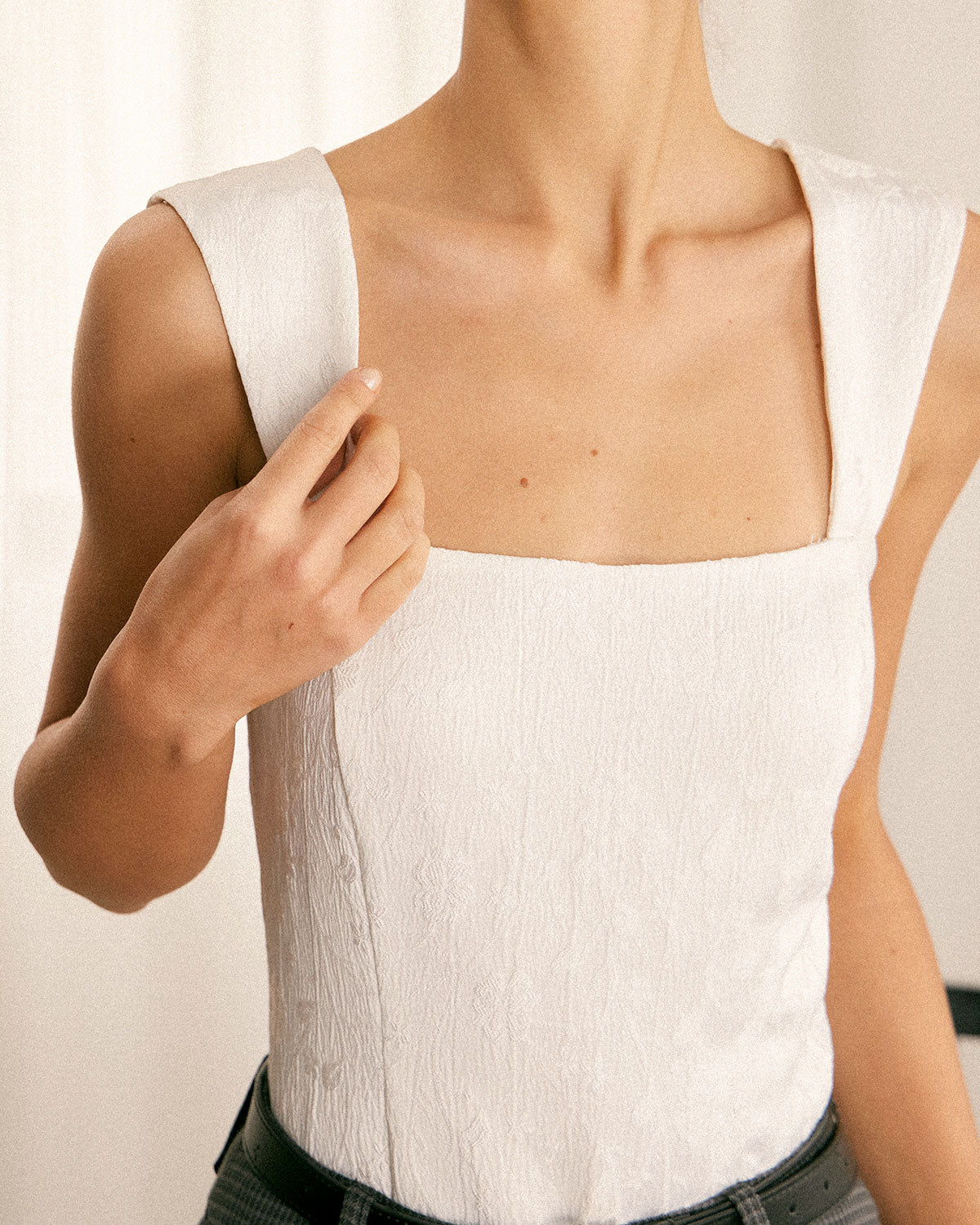 The White Square Neck Jacquard Tank Top